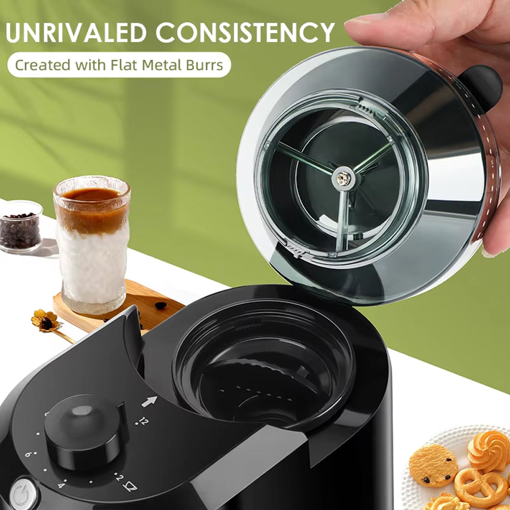 BrewixMi Metallic Flat Burr Coffee Grinder with 28 Settings