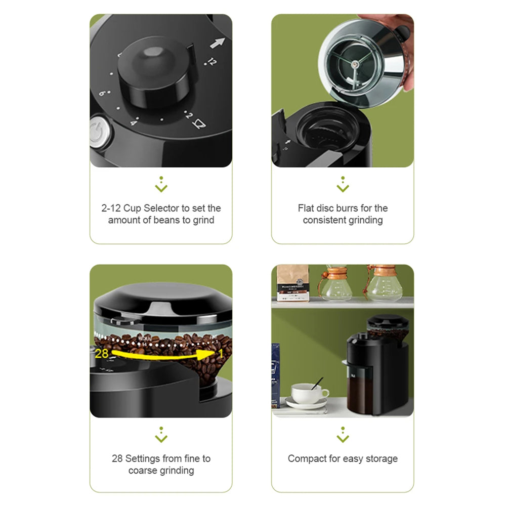 BrewixMi Metallic Flat Burr Coffee Grinder with 28 Settings