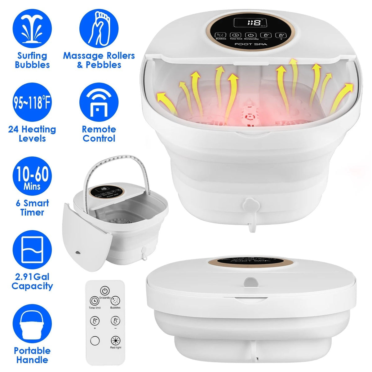 FotixBath Collapsible Heated Foot Spa with Bubble Massage and Remote