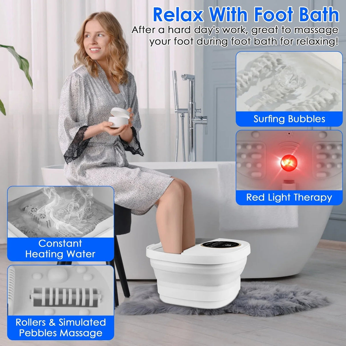 FotixBath Collapsible Heated Foot Spa with Bubble Massage and Remote