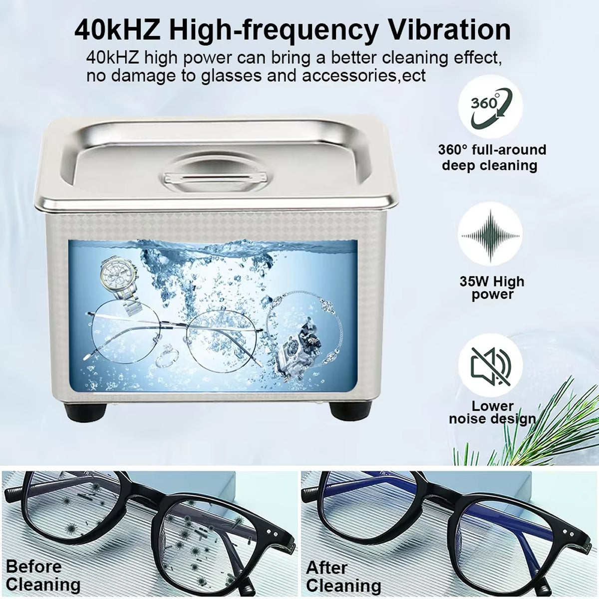 GlorVemi 40kHz Professional Ultrasonic Cleaner for Jewellery and Glasses
