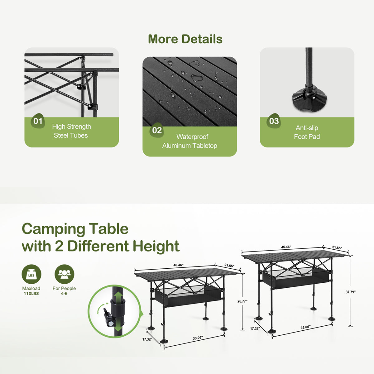PimiTabix Portable Folding Camping & Picnic Table with Adjustable Height