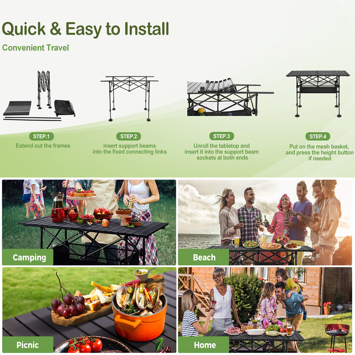 PimiTabix Portable Folding Camping & Picnic Table with Adjustable Height