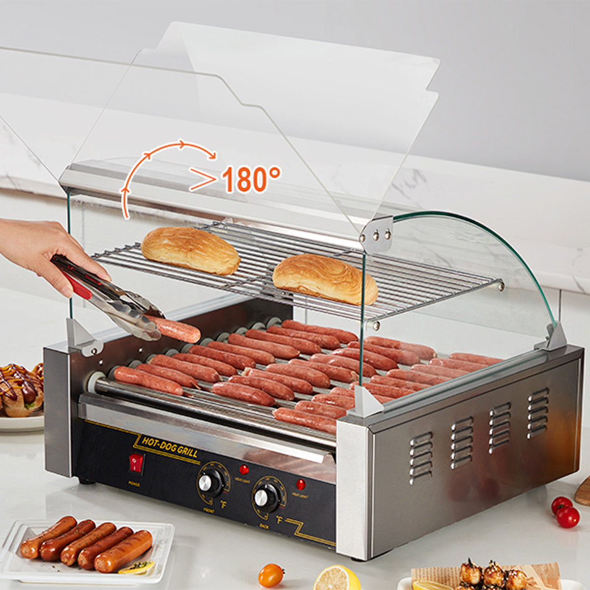 RoliHemix commercial hot dog roller grill with glass hood