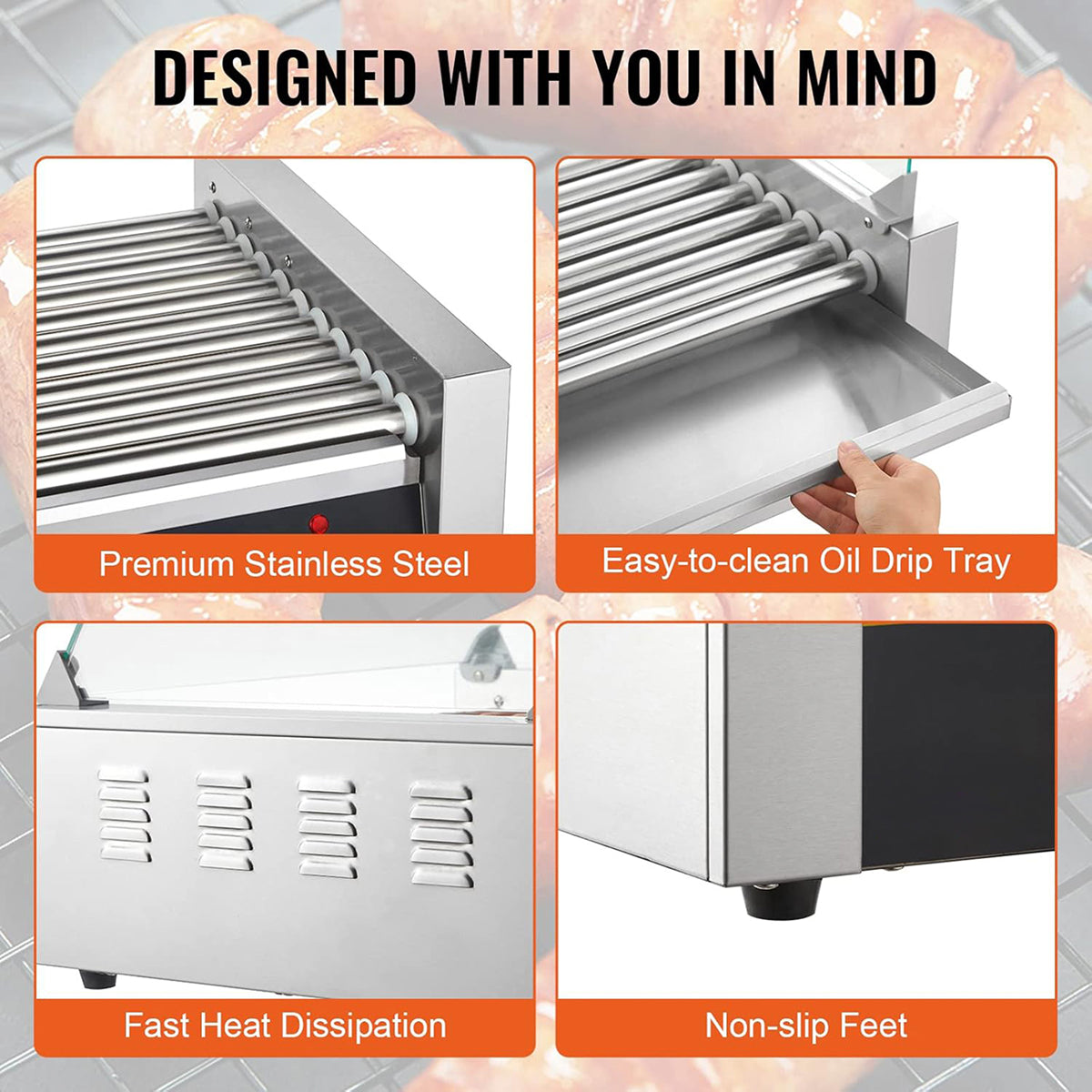 RoliHemix commercial hot dog roller grill with glass hood