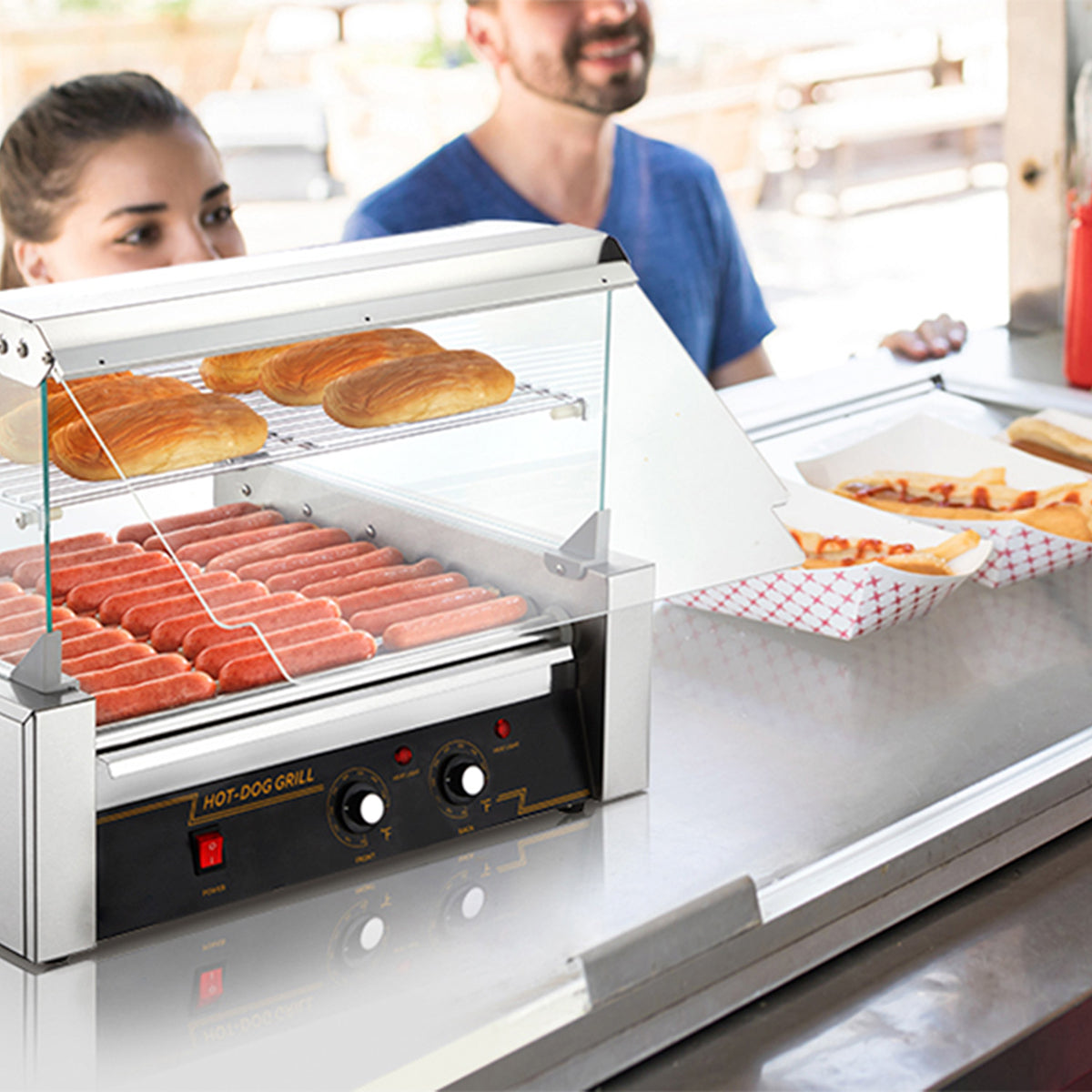 RoliHemix commercial hot dog roller grill with glass hood