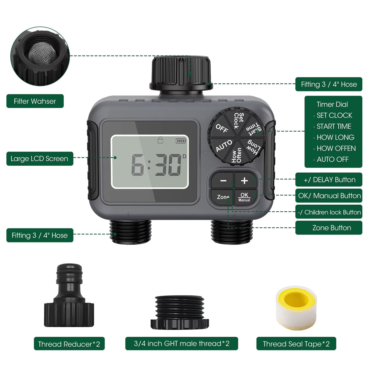 ViGratix Smart Dual-Zone Garden Irrigation Controller with Rain Delay