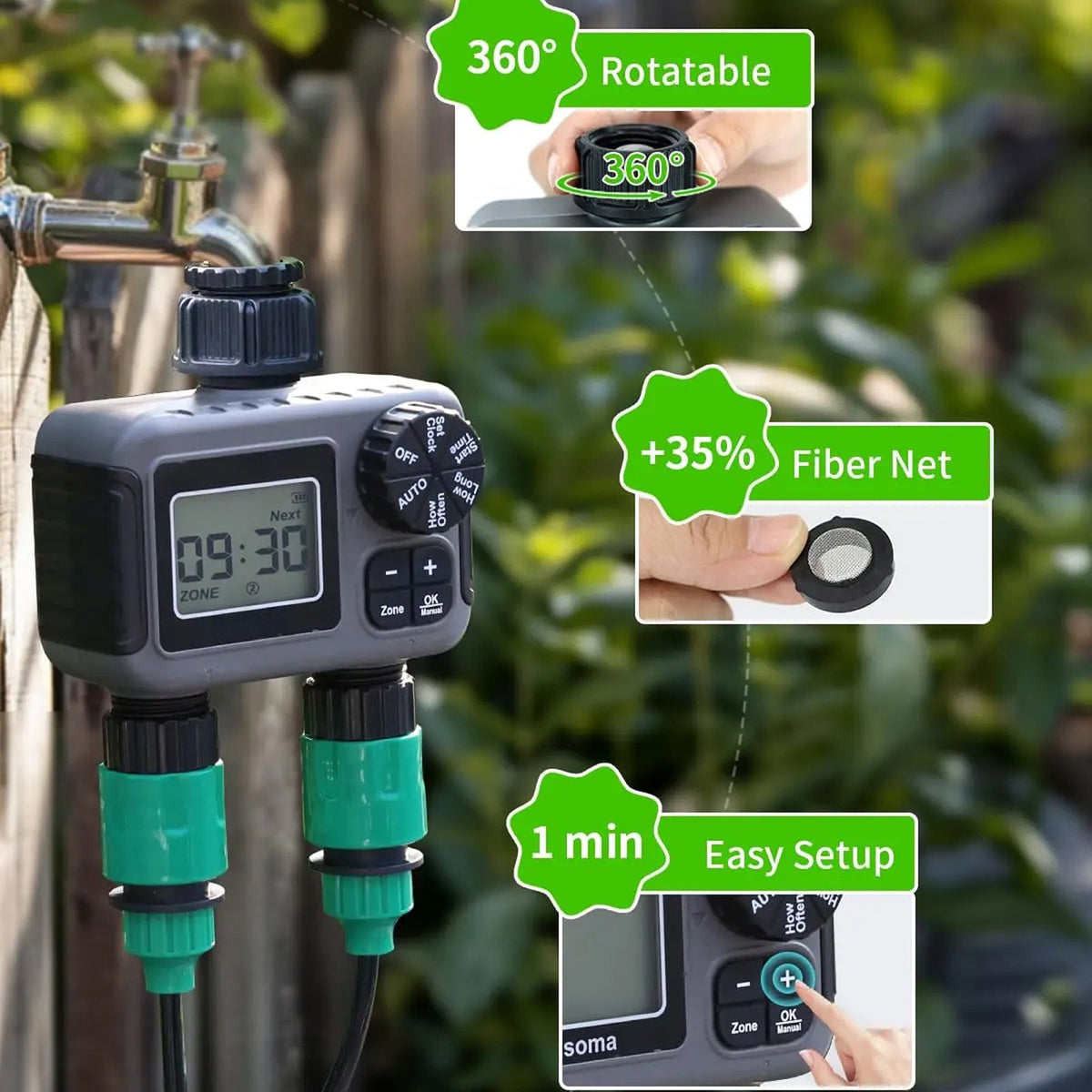 ViGratix Smart Dual-Zone Garden Irrigation Controller with Rain Delay